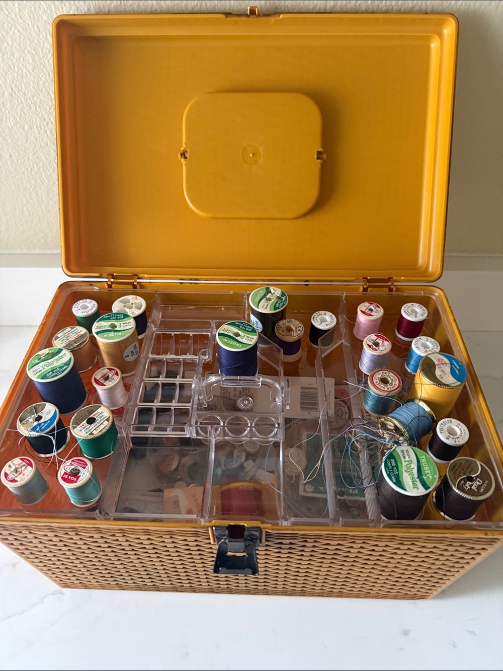 Vintage 70’s Sewing Storage Box Butterscotch Faux Basket Weave with Notions